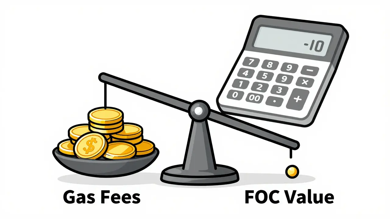 Illustration comparing gas fees cost versus negligible token value, highlighting financial risks of micro-cap claims.