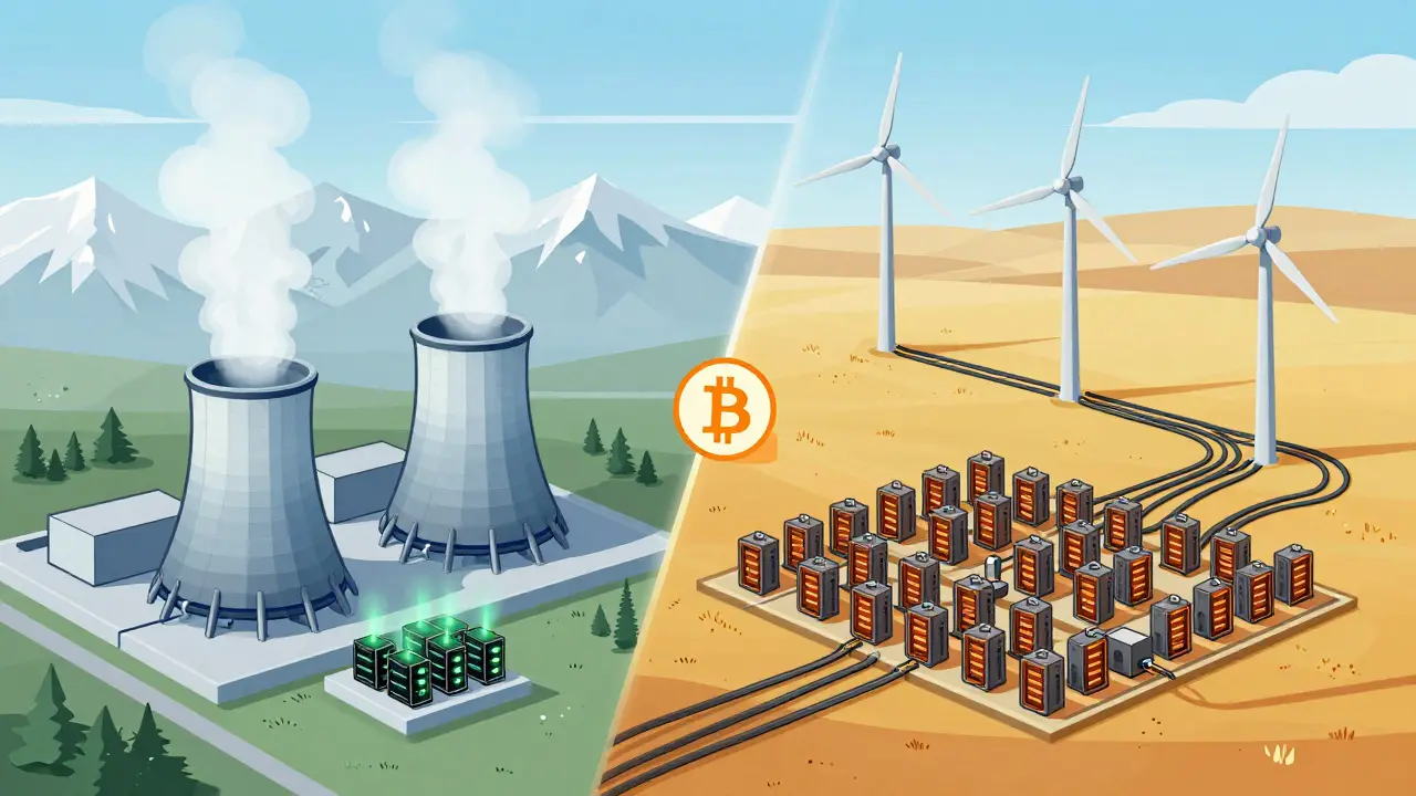 Illustration comparing Icelandic geothermal and Kazakh wind energy for mining.