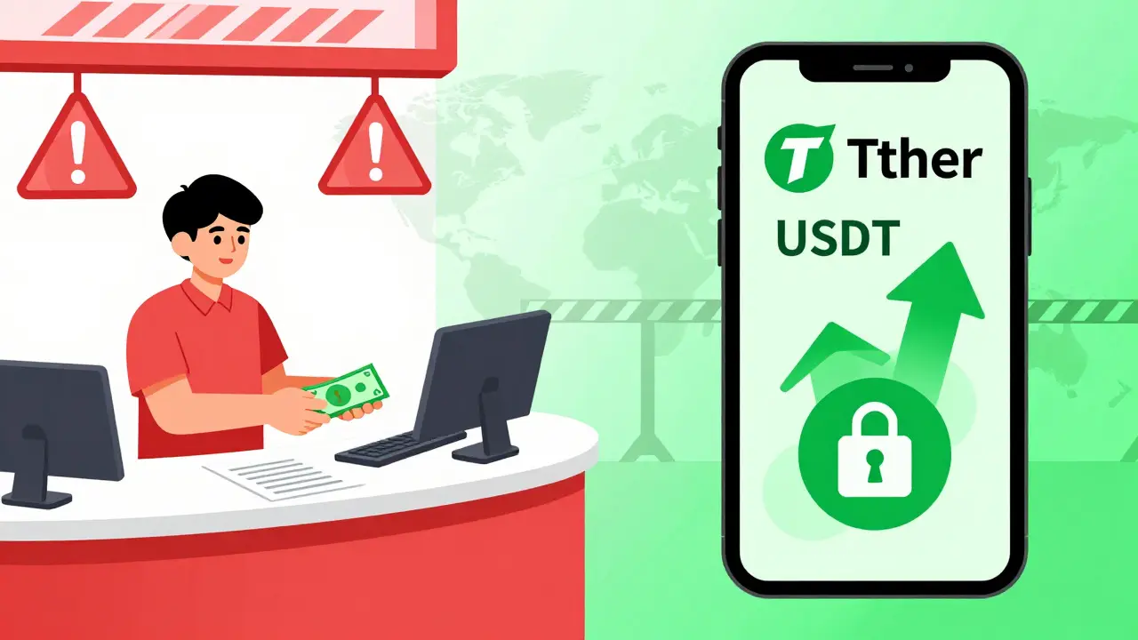 Illustration contrasting mandatory Petro payments with preferred use of stablecoins and Bitcoin