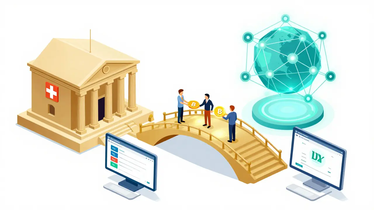 Illustration of a bridge connecting Swiss banks to blockchain trading platforms