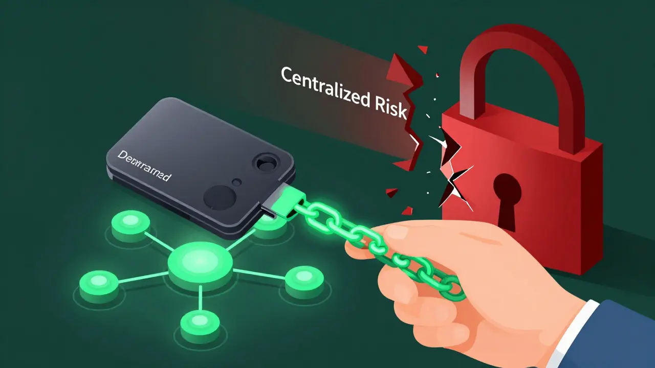 Illustration of a hardware wallet securing crypto assets against centralized risks
