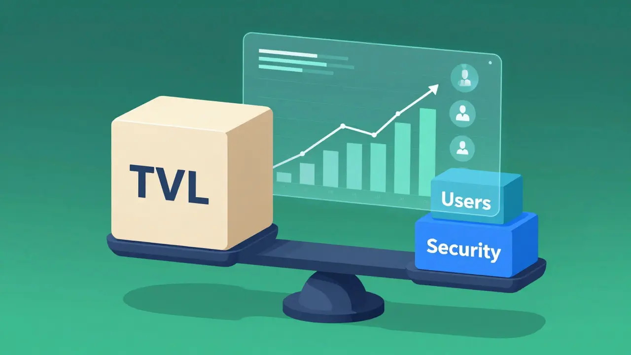 Illustration of a scale balancing TVL with revenue, users, and security metrics