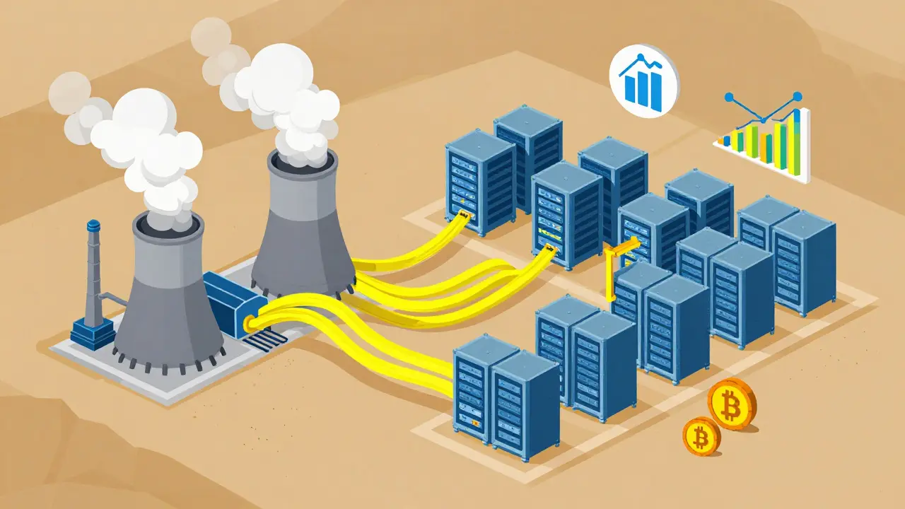 Illustration of coal-powered mining farms expanding in Kazakhstan.