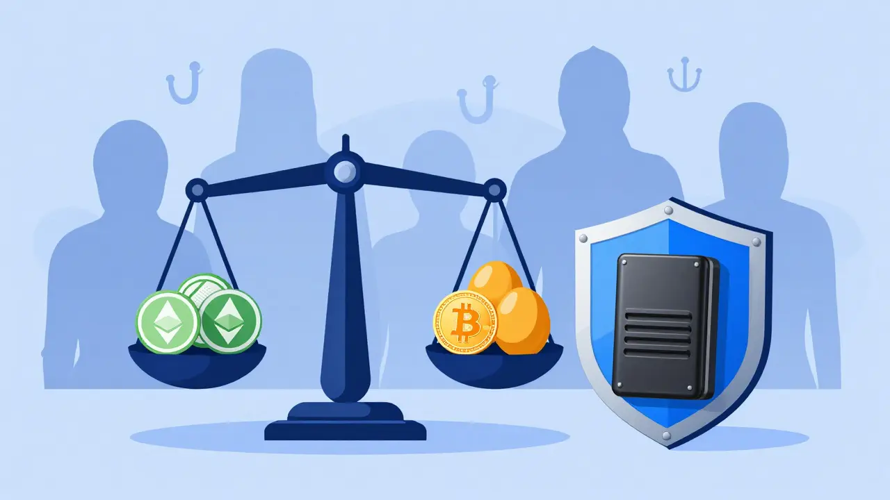 Illustration of diversified crypto assets balanced on a scale with security