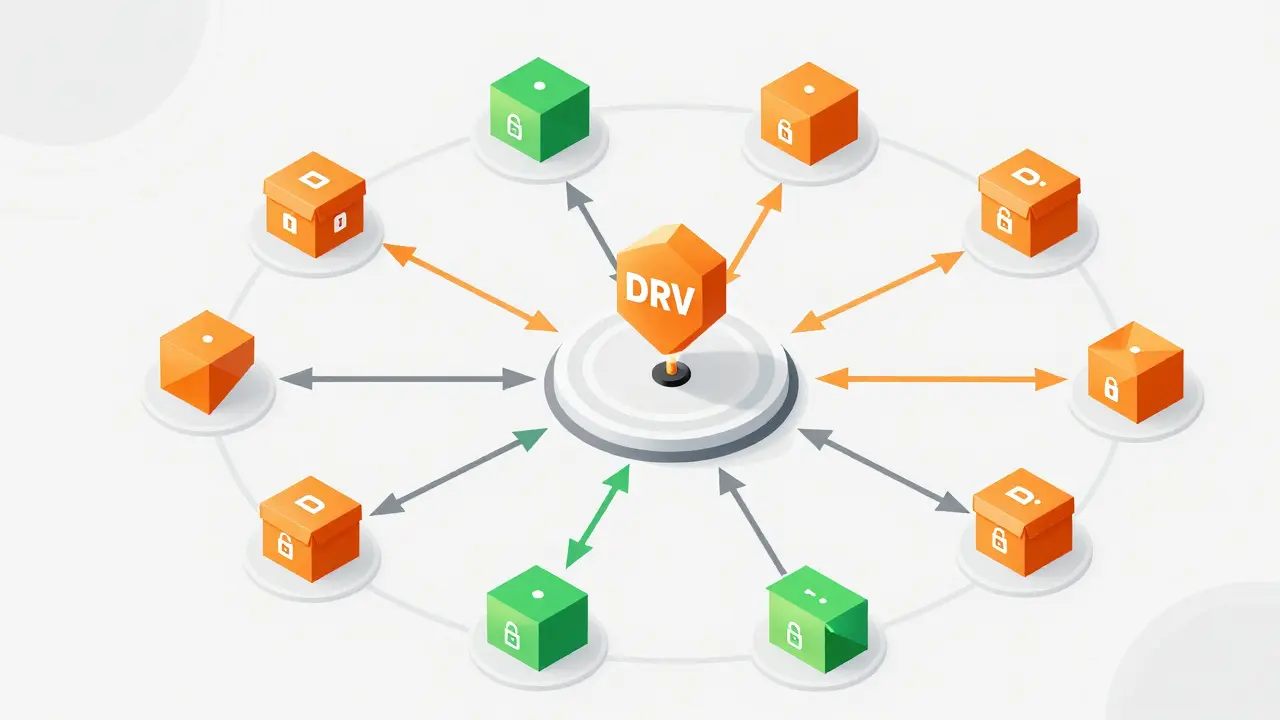 Illustration of token rewards distributing from a central hub to users