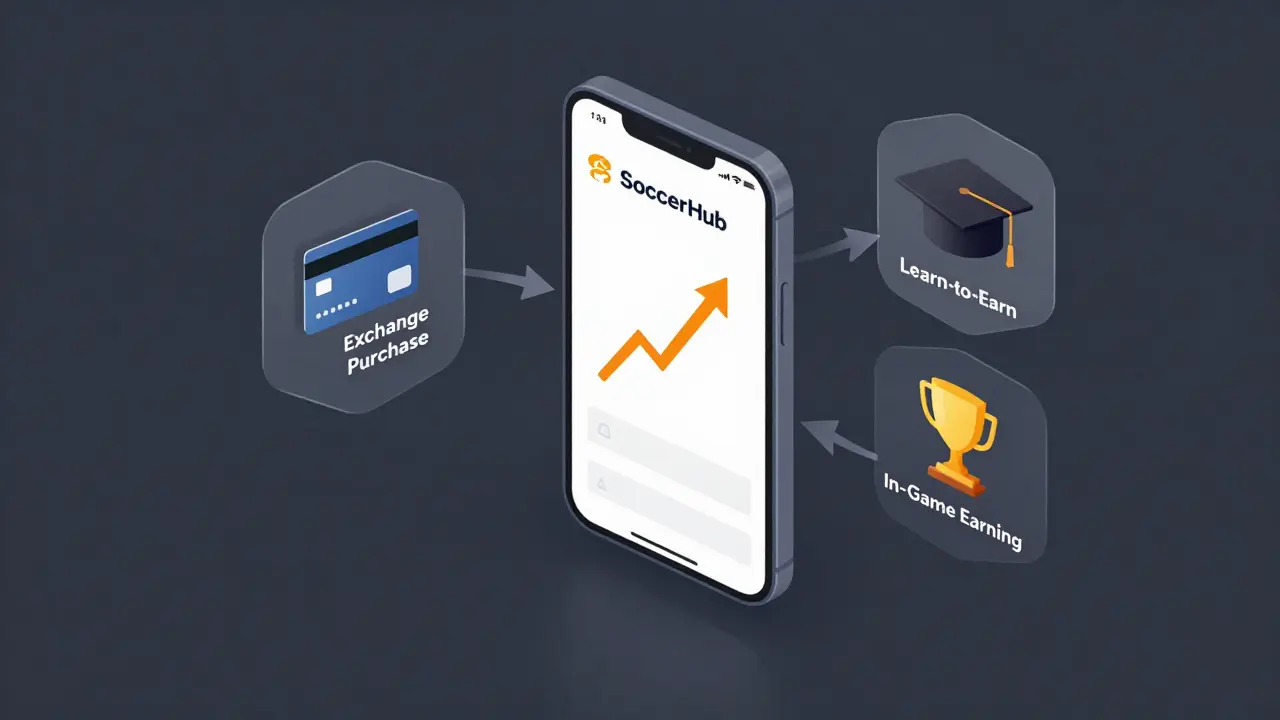 Illustration of ways to acquire SCH tokens via exchange, learning, or gaming