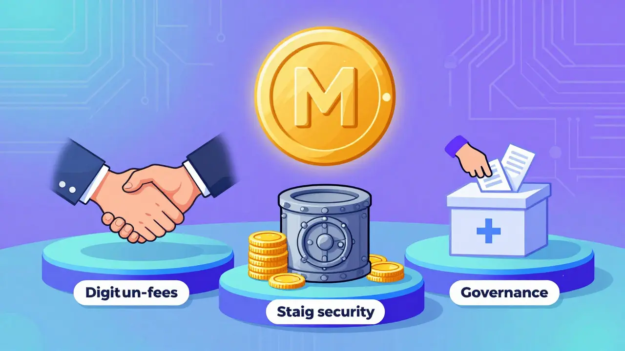 Illustration showing MON token uses: transaction fees, staking security, and governance voting.