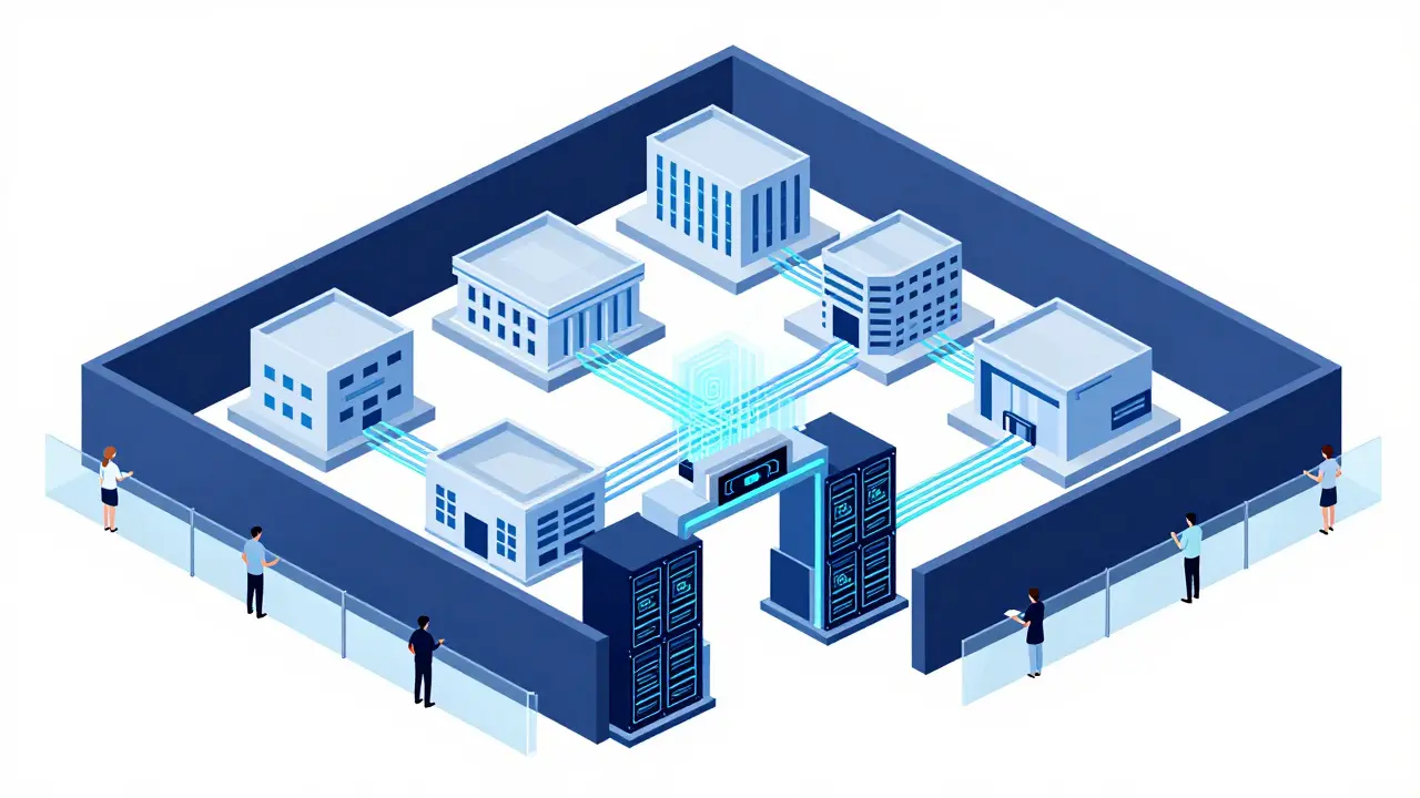 Isometric technical drawing of a secure digital gateway restricting access to registered entities only.