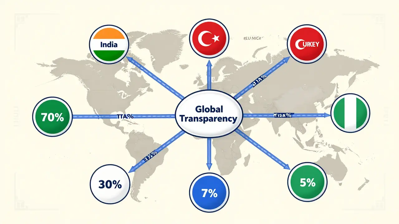 Schematic illustration of global crypto tax policies and international transparency networks.