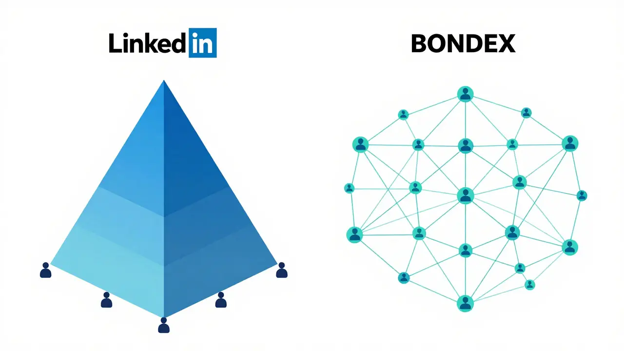 Structural comparison chart showing LinkedIn's hierarchy versus BONDEX's decentralized mesh