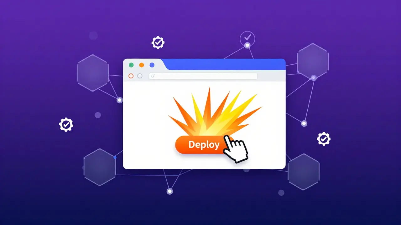 Stylized browser window deploying code to a network of glowing blockchain nodes