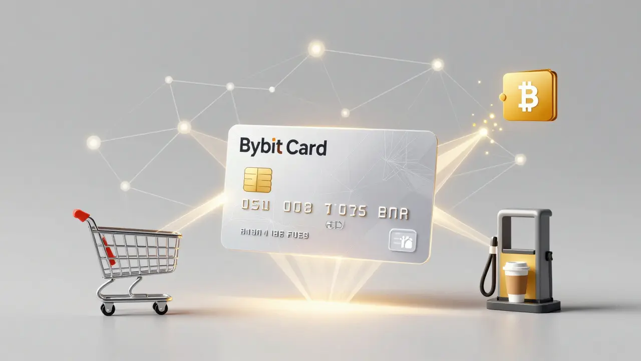 Stylized crypto card linking blockchain tech to everyday purchases