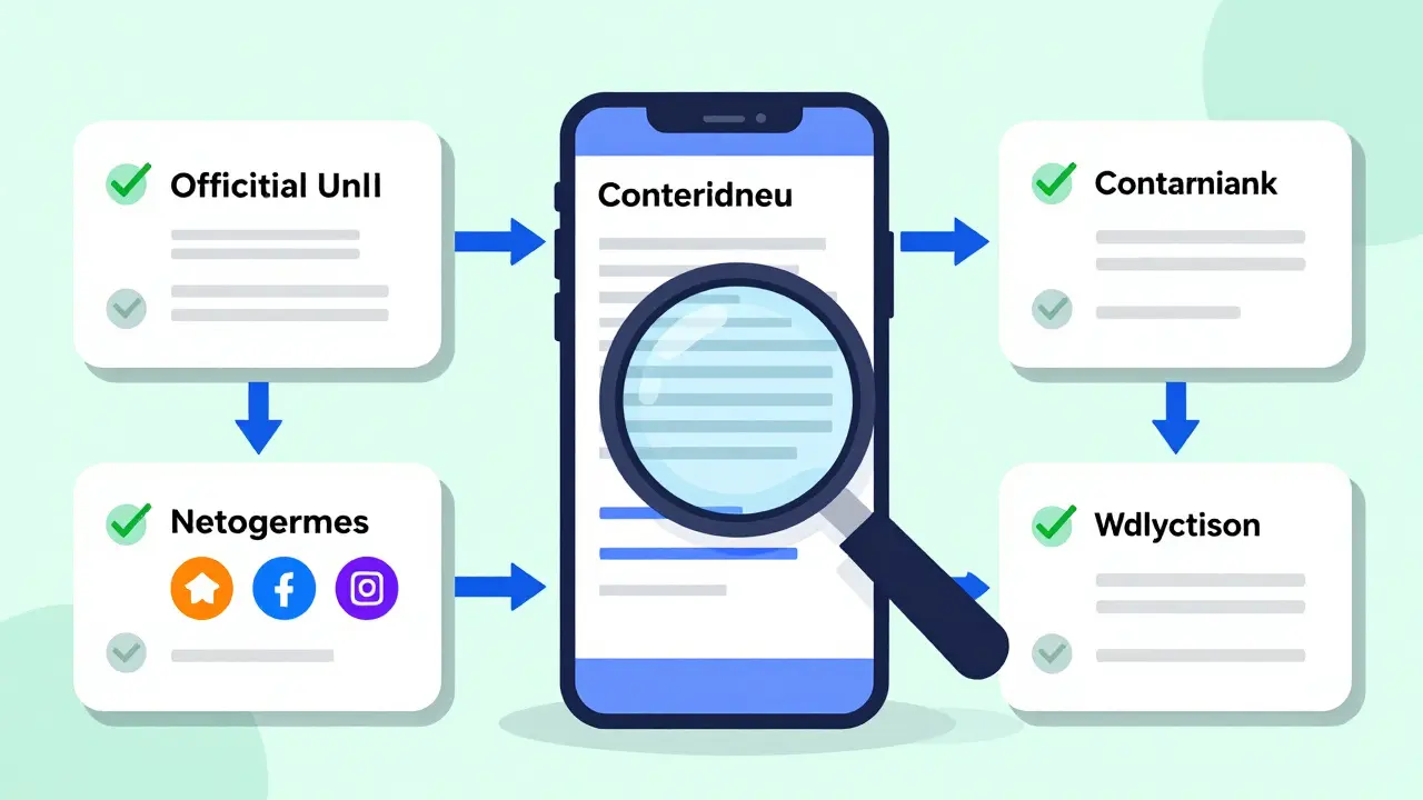 Technical cartoon diagram showing steps to verify token legitimacy via official websites and contract addresses.