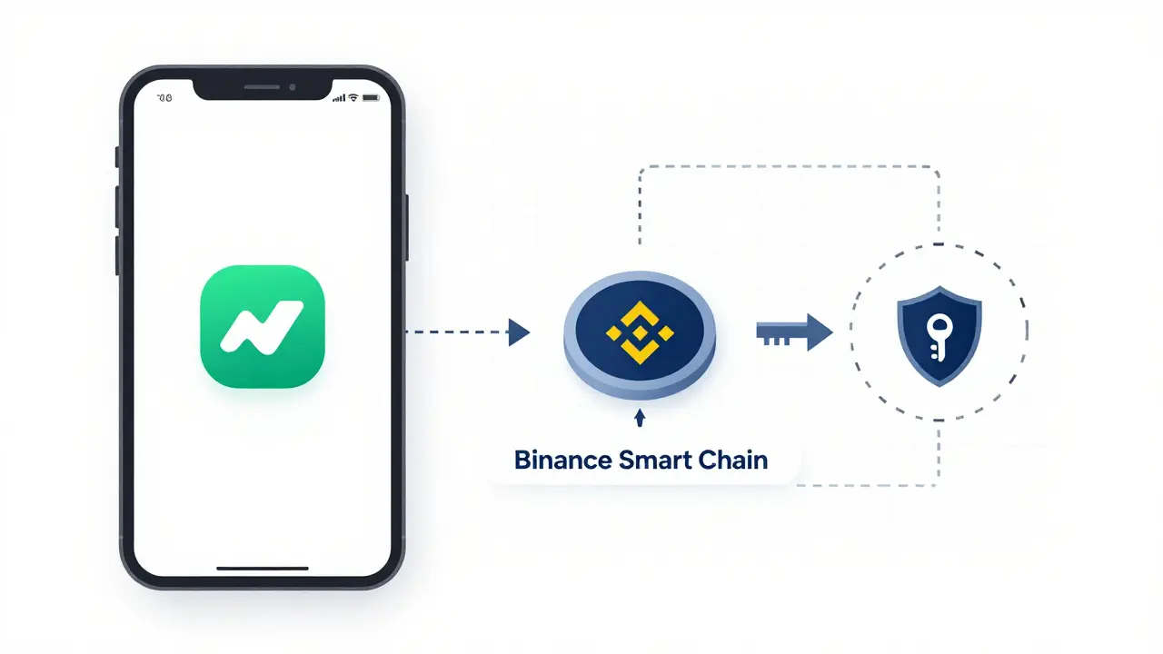 Technical diagram of a secure crypto wallet connecting to BSC network