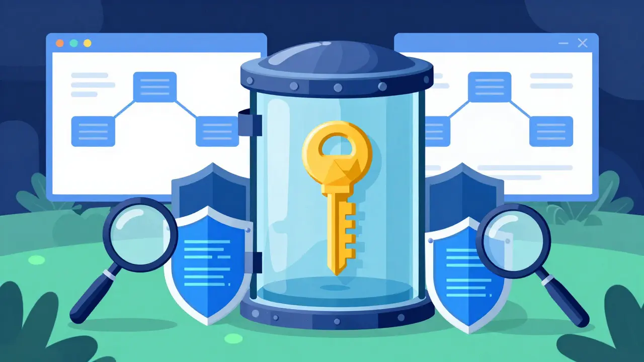 Transparent vault with security shields and magnifying glasses over blockchain blocks