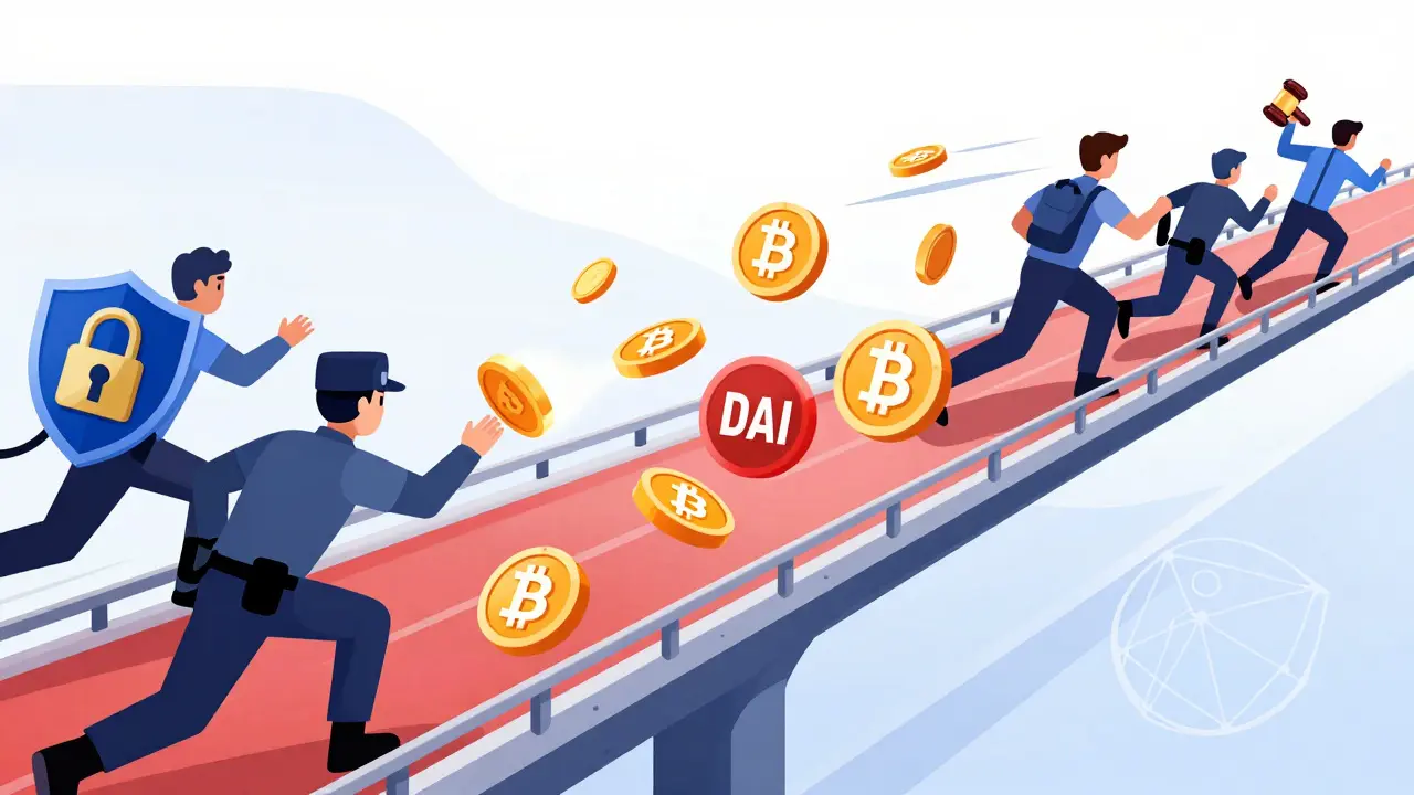 Visual of crypto assets rapidly migrating to avoid freezing by enforcement agents.