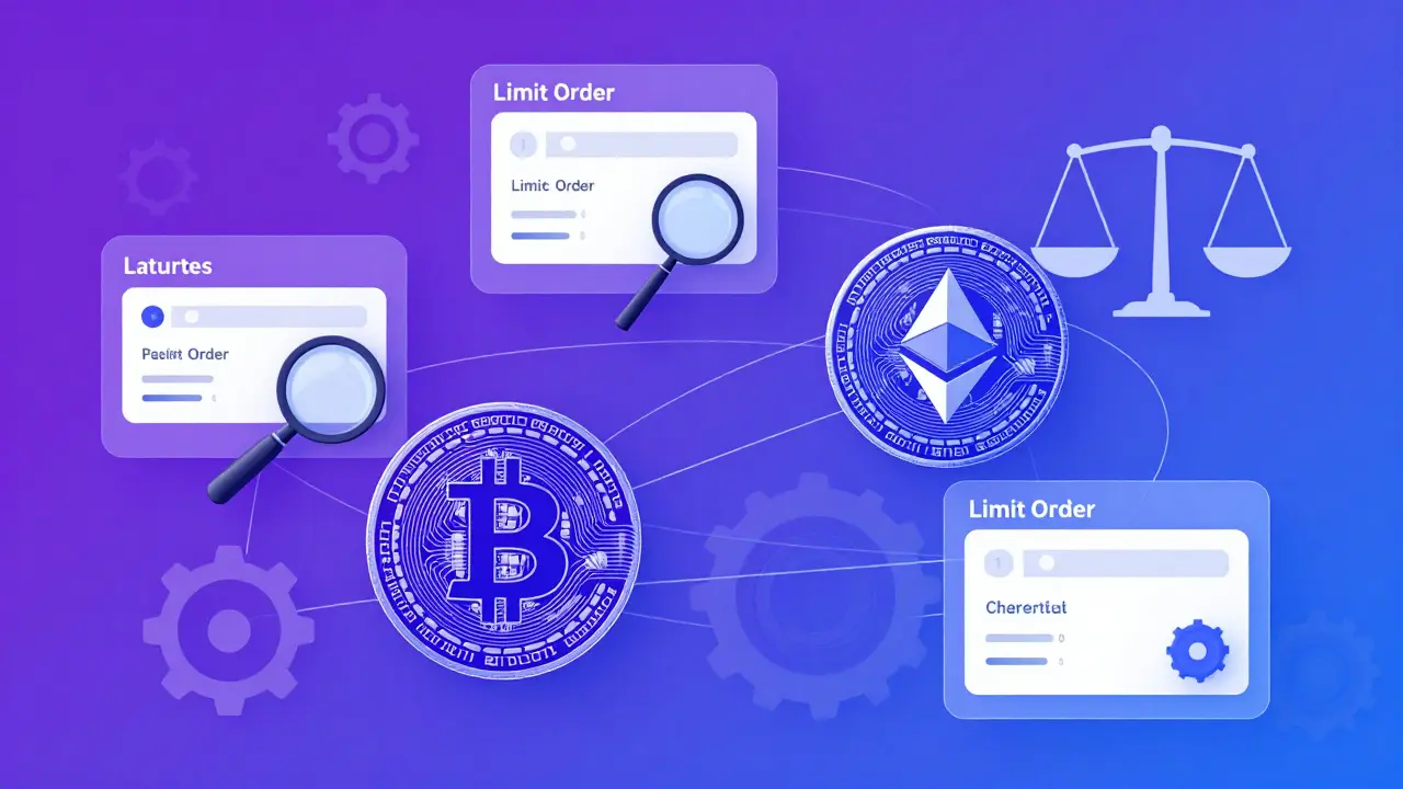 Wireframe crypto assets connected to trading tools and market structures
