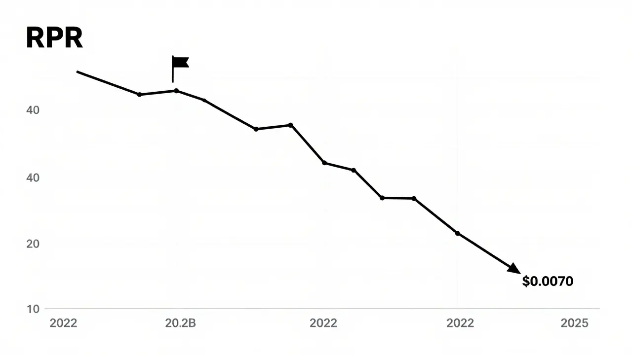 A minimalist financial infographic depicting the historical price performance of The Reaper (RPR) token from its launch in May 2022 through 2026. The chart features a continuous downward-sloping line graph, highlighting key milestones such as the initial launch price, a brief peak in late 2022, and significant crashes in 2023 and 2025. Data points are clearly labeled with specific USD values, emphasizing the consistent annual depreciation and extreme volatility. The design employs a neutral, professional aesthetic with thin black lines on a subtle grid, focusing on factual data representation rather than emotional impact.