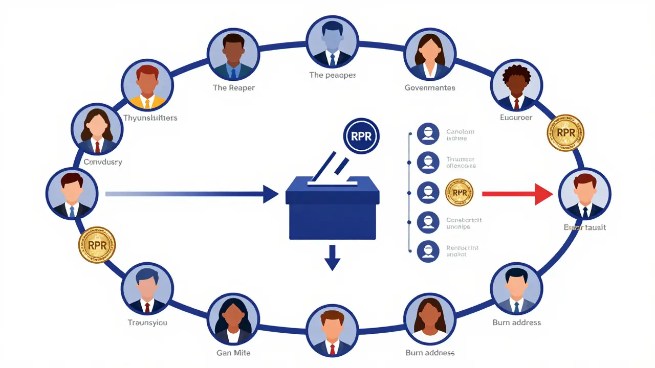 A structured process diagram outlining the community governance and voting mechanism of The Reaper (RPR). The illustration shows token holders casting votes proportional to their holdings to select underperforming cryptocurrencies for elimination. The flow moves from voter participation to the selection of a target asset, followed by the treasury's purchase of that asset and its final destruction via a blockchain burn. The design uses a logical, circular layout with distinct sections for voting, selection, and execution, employing a professional color scheme to differentiate between the democratic input phase and the automated enforcement phase of the protocol.