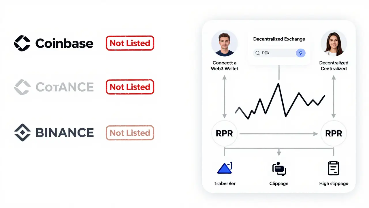 A technical flowchart explaining the liquidity and accessibility challenges of trading The Reaper (RPR). The image contrasts the unavailability of RPR on major centralized exchanges like Coinbase and Binance (shown as disabled or stamped 'Not Listed') with the complex process required to trade on Decentralized Exchanges (DEXs). It illustrates the user journey from connecting a Web3 wallet to executing trades, while also visualizing the risk of high slippage through jagged arrows and warning symbols. The style is reminiscent of UI/UX documentation, using flat colors and clear iconography to convey the technical barriers and risks associated with low-liquidity assets.