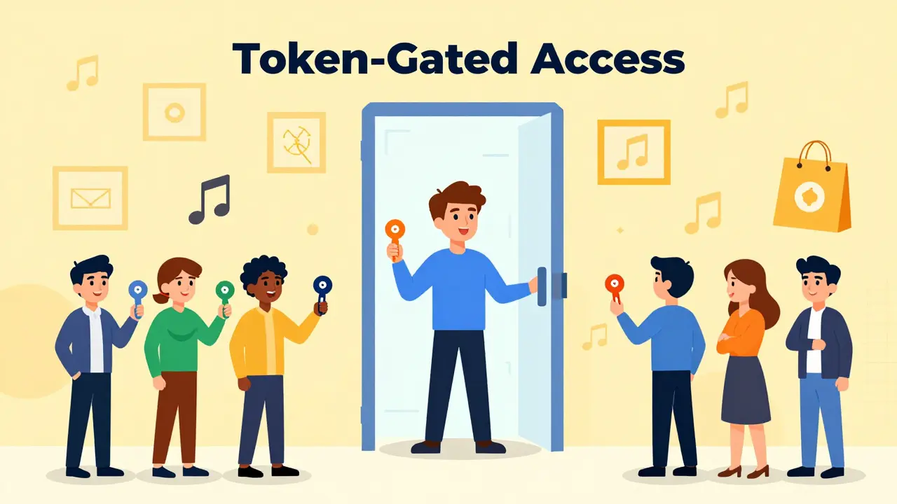 Cartoon depiction of fans using tokens as keys to access exclusive gated content areas.