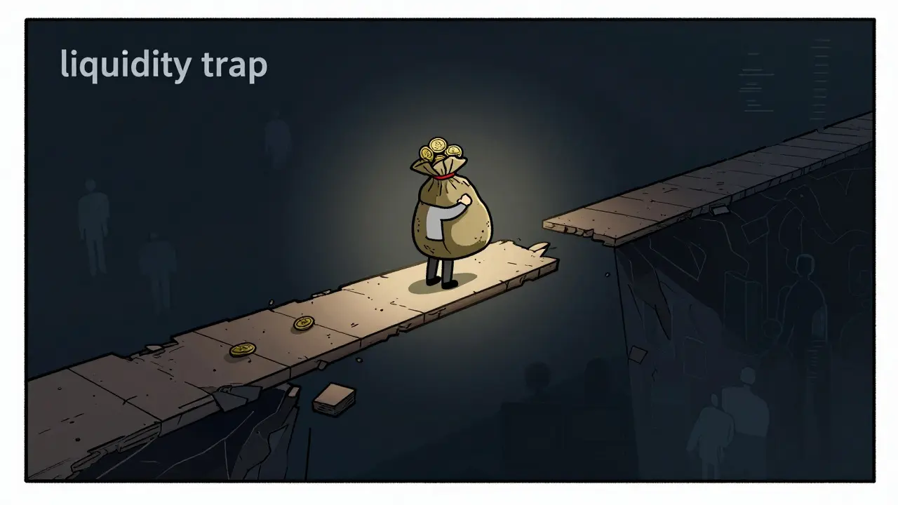 Cartoon of a person on a narrow, crumbling bridge over an abyss, holding heavy coins, symbolizing liquidity risk.