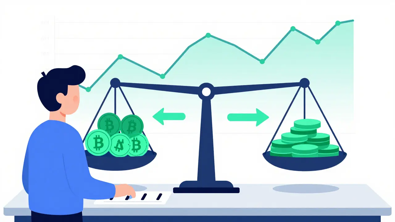 Cartoon of an investor rebalancing a crypto portfolio scale