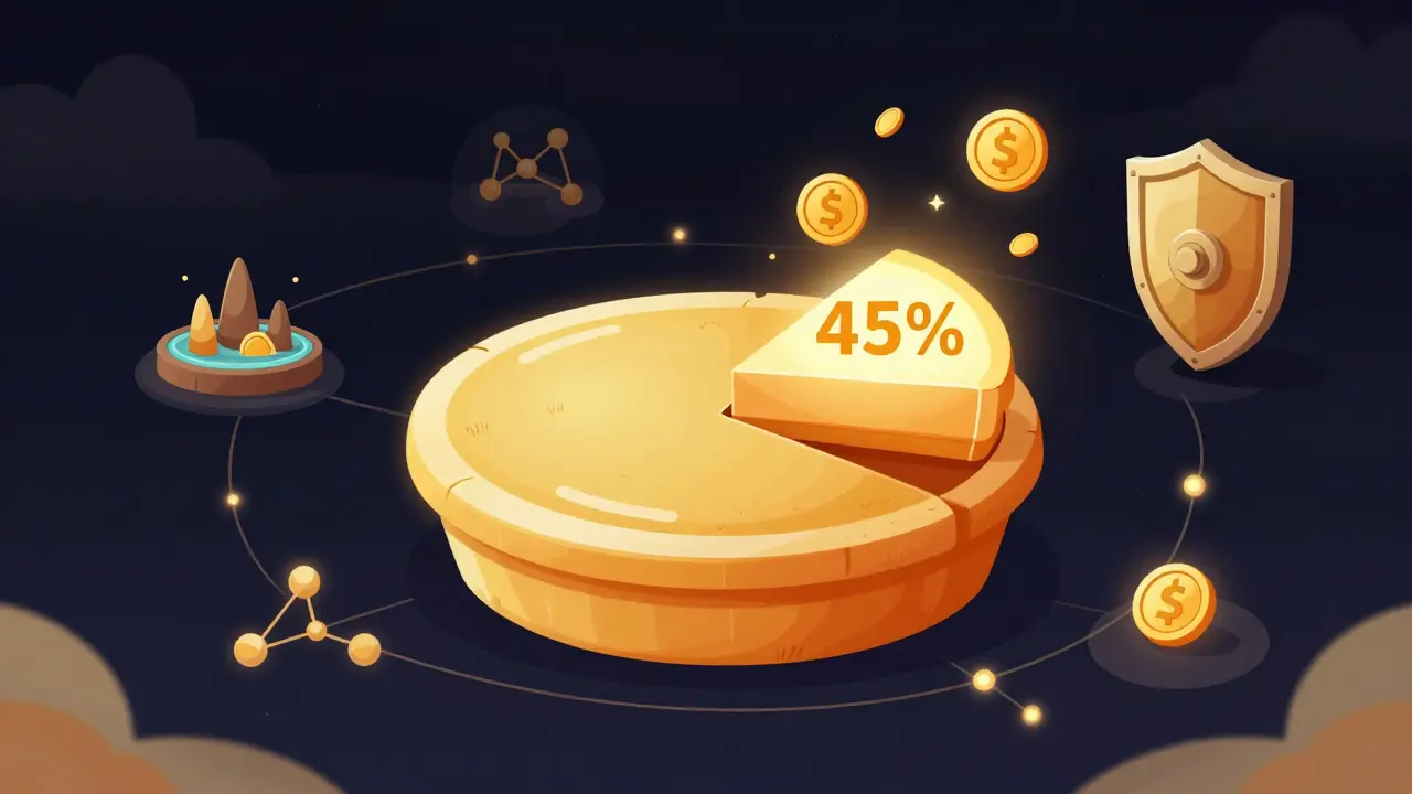Diagram showing a large golden slice of a pie chart flowing into a secure vault