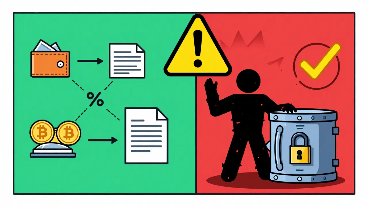 Illustration comparing crypto taxes and scam prevention methods