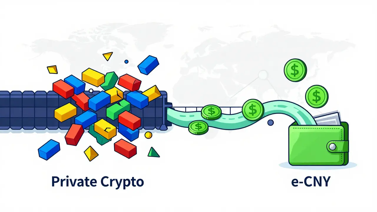 Illustration contrasting blocked private crypto with flowing e-CNY digital currency.