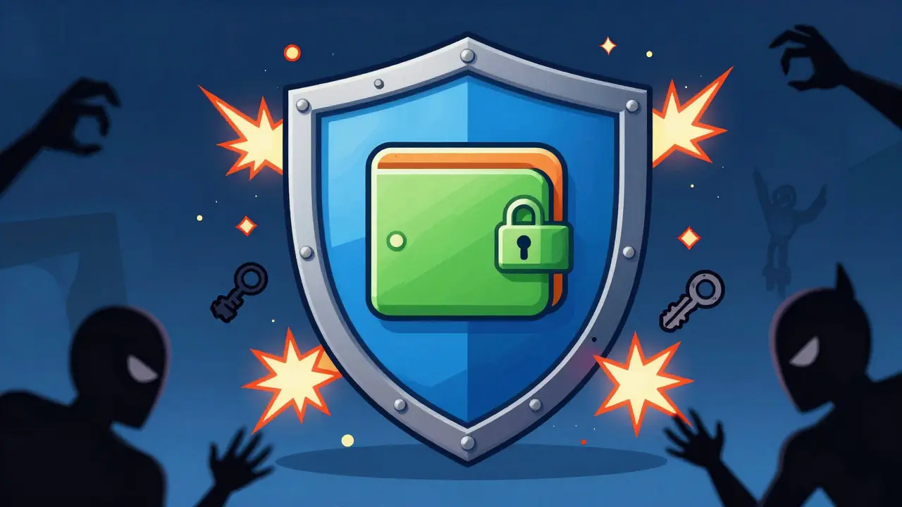 Illustration of a digital shield protecting a wallet from phishing attacks