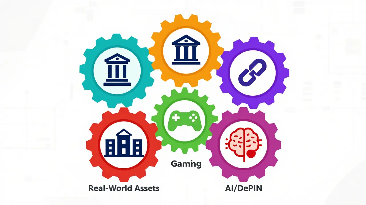 Illustration of interlocking gears representing diverse crypto sectors