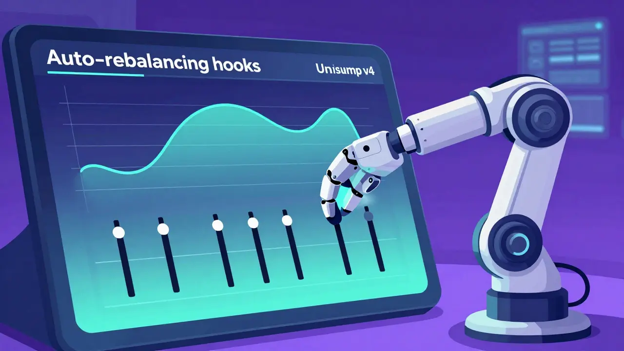 Robotic arm automating liquidity rebalancing on a futuristic dashboard