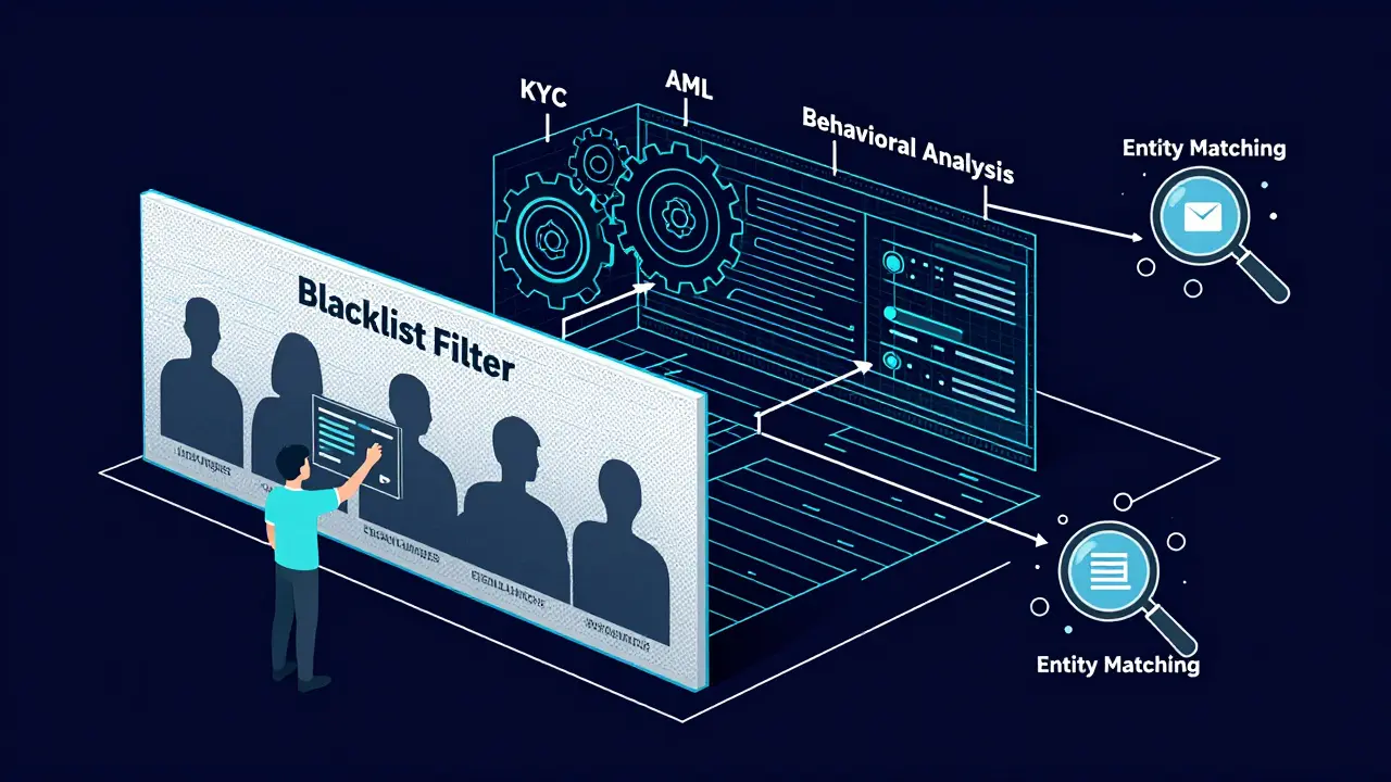 Schematic diagram of payment app security filters blocking crypto-related transactions.