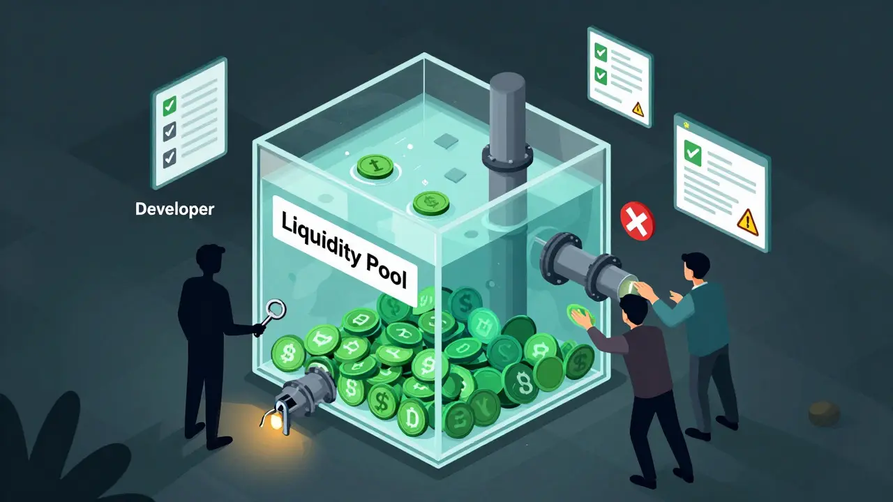 Schematic diagram showing a developer draining a liquidity pool while blocking investor exits.