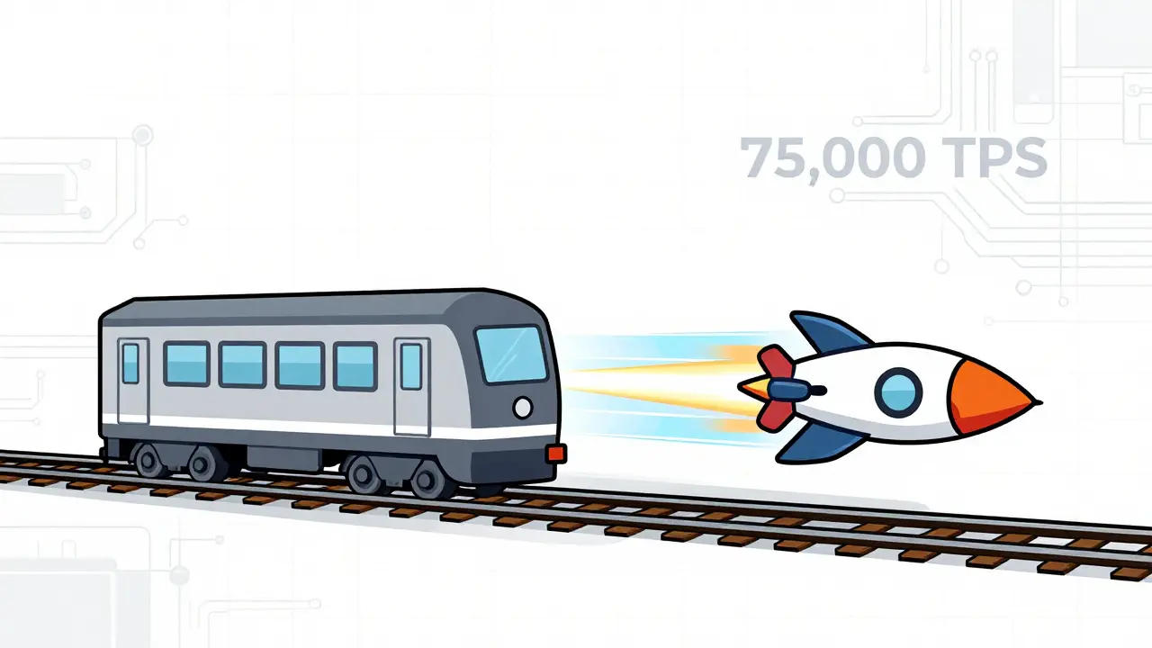 Technical drawing comparing fast rocket speed to slow train for blockchain throughput