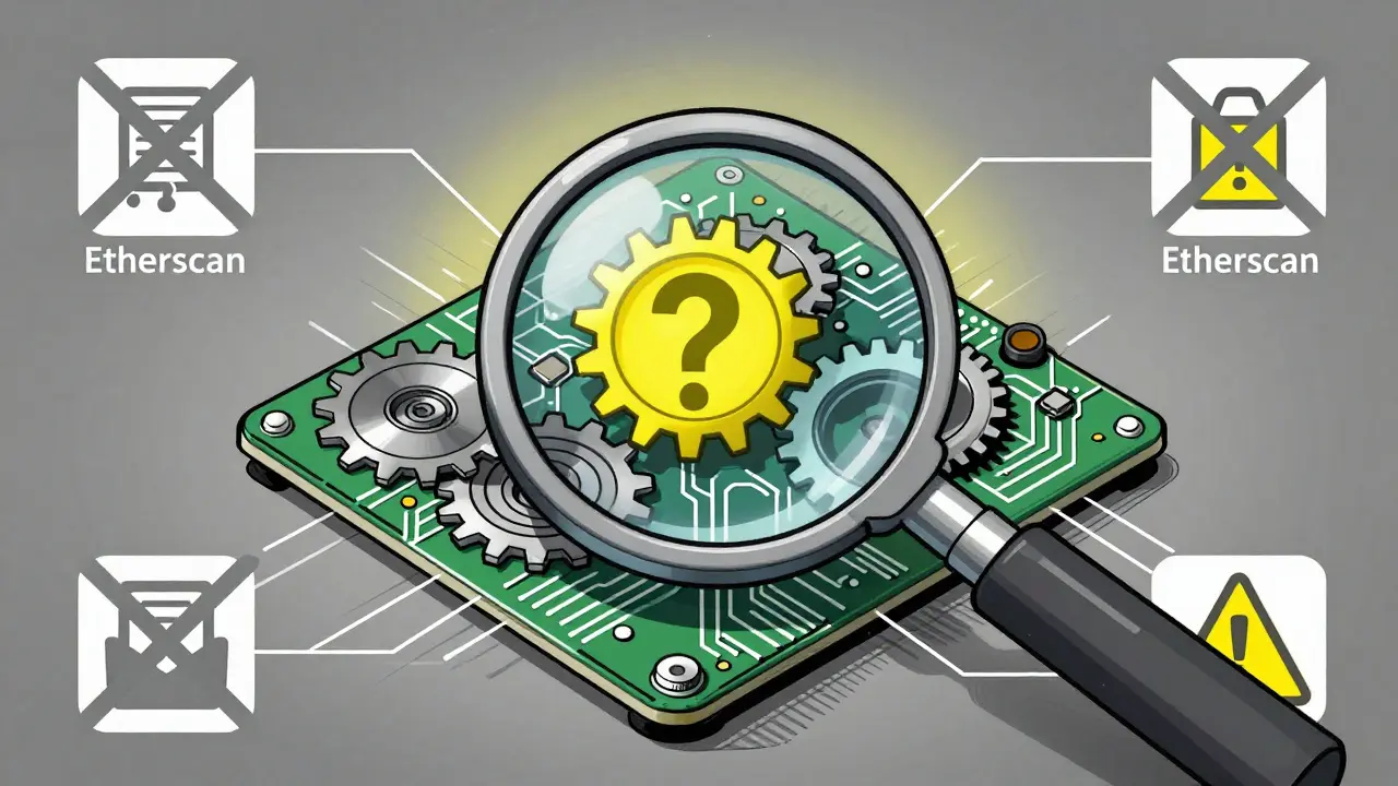 Technical drawing of a magnifying glass inspecting a shady smart contract