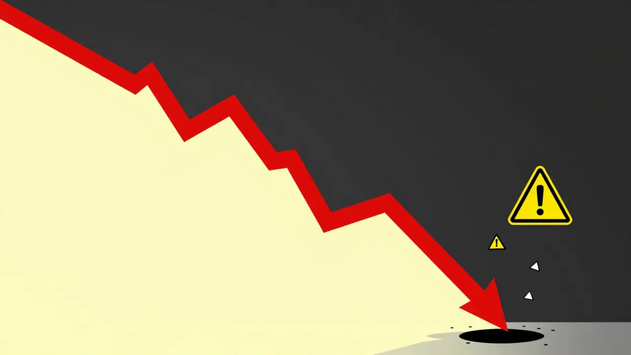 Technical drawing of a steeply declining price chart with warning signs indicating liquidity risks.