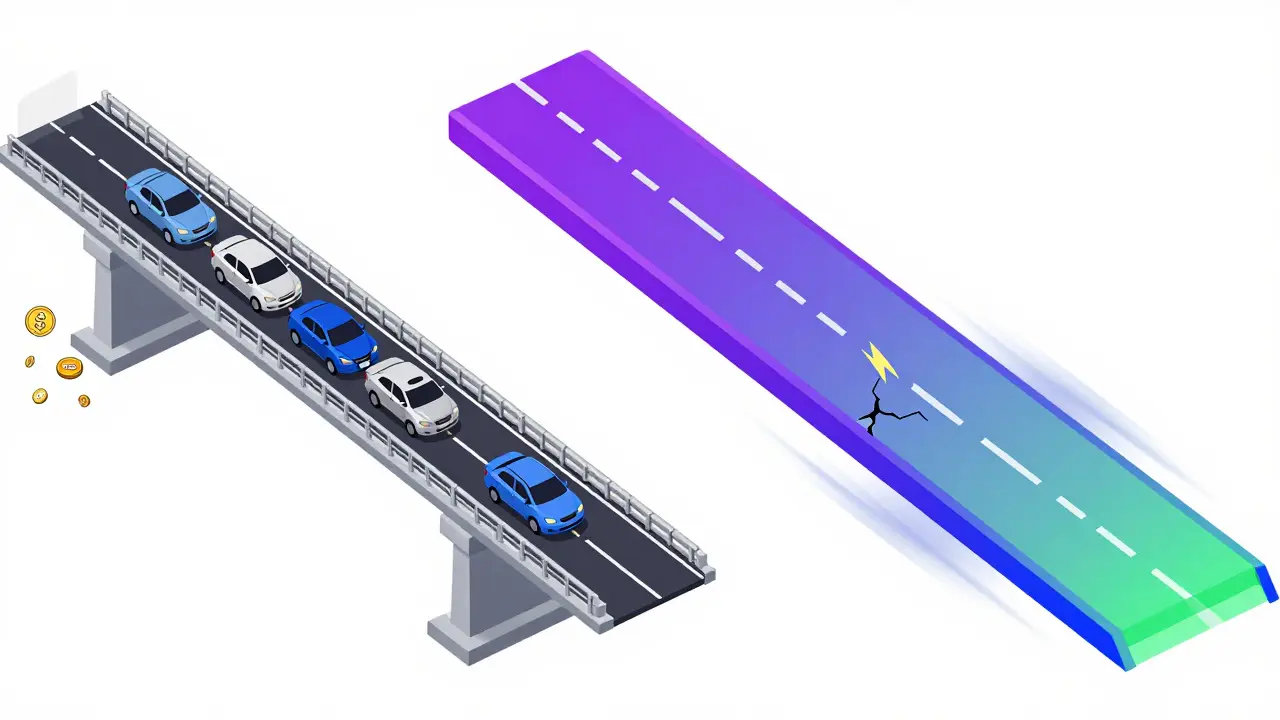 Technical illustration comparing Ethereum and Solana blockchains with distinct visual metaphors for speed and fees.