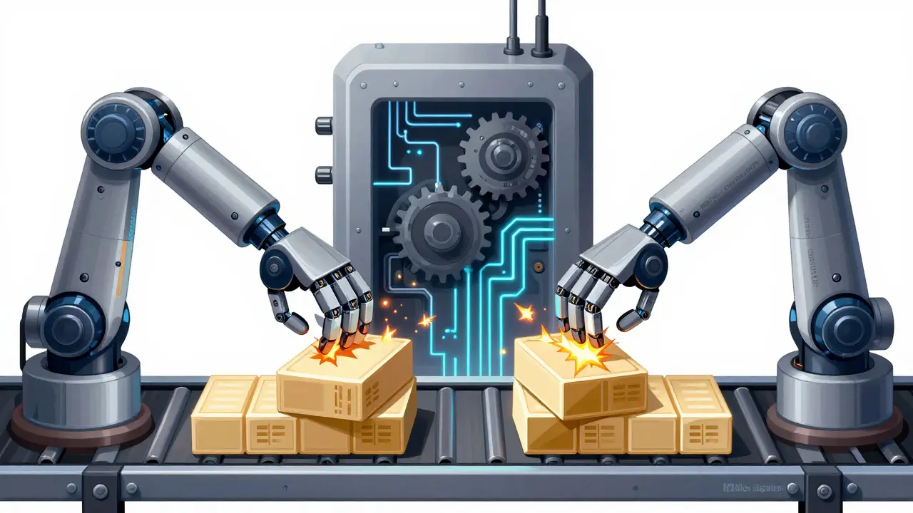 Two robotic arms causing a double-signing error on a blockchain