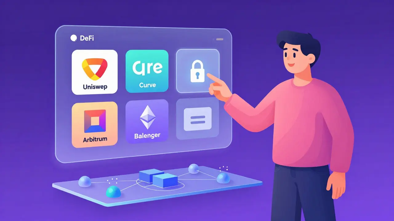 User interacting with a holographic DeFi dashboard interface
