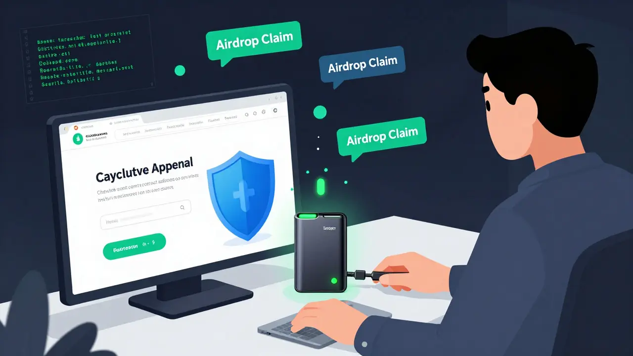 User protecting wallet from phishing scams with hardware device