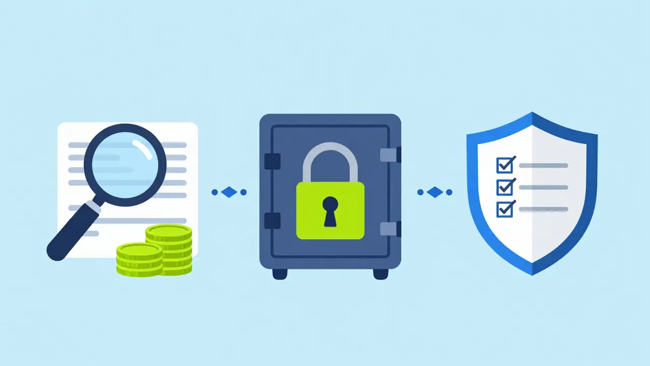 Vector illustration of crypto safety tools including audits, locked liquidity, and security shields.