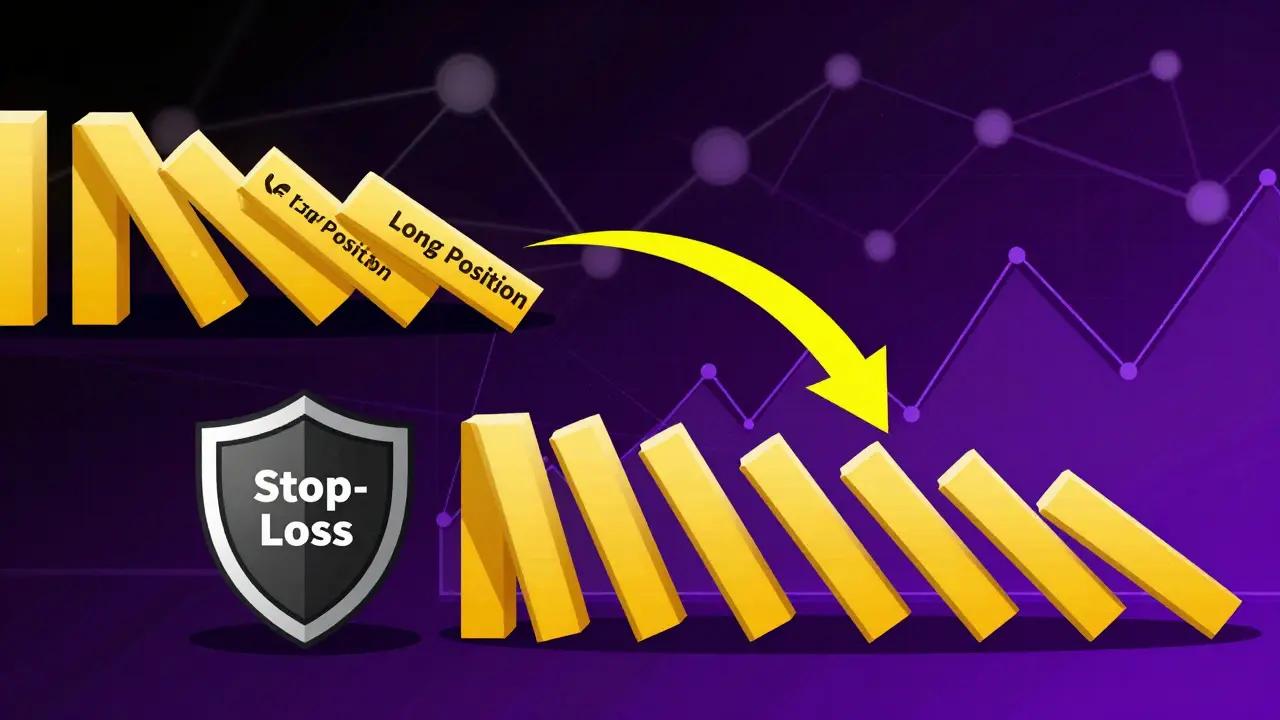Visual metaphor of liquidation cascades like falling dominoes in crypto markets