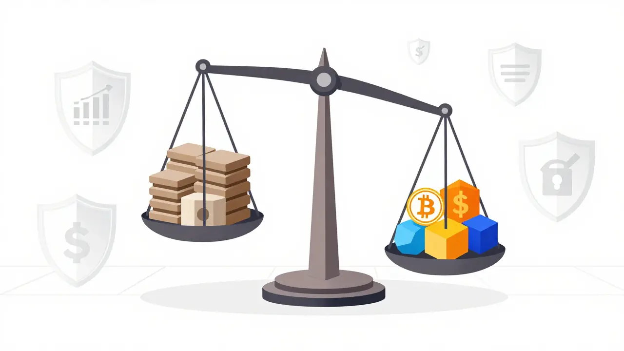 Balanced scale showing traditional assets and crypto diversification