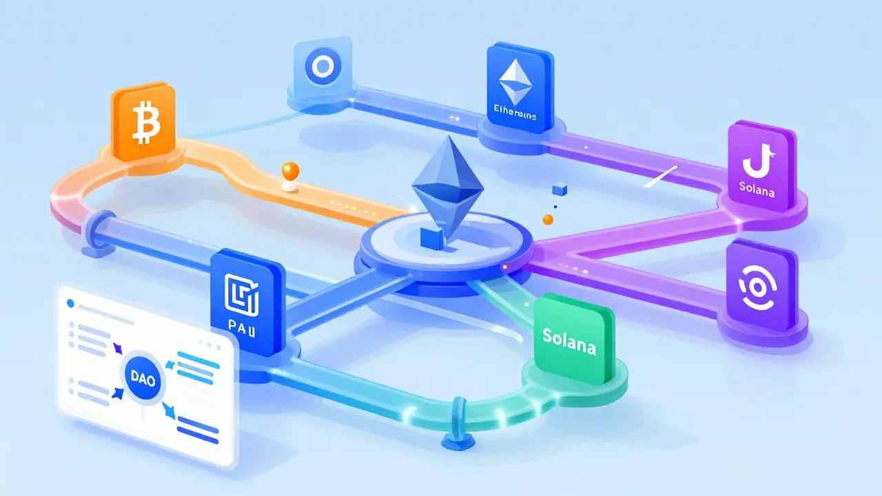 Cartoon diagram of cross-chain bridges connecting different blockchains with flowing smart contracts.