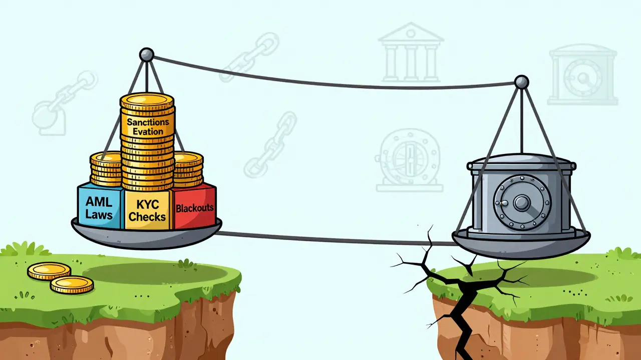 Conceptual drawing showing sanctions evasion failing under strict regulations