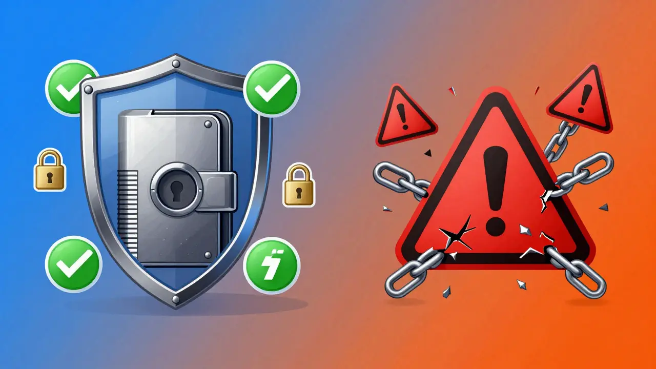 Conceptual graphic comparing secure wallets vs crypto scams