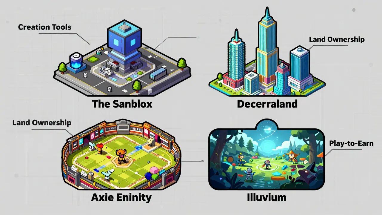 Diagram comparing four major metaverse platforms and their unique utilities