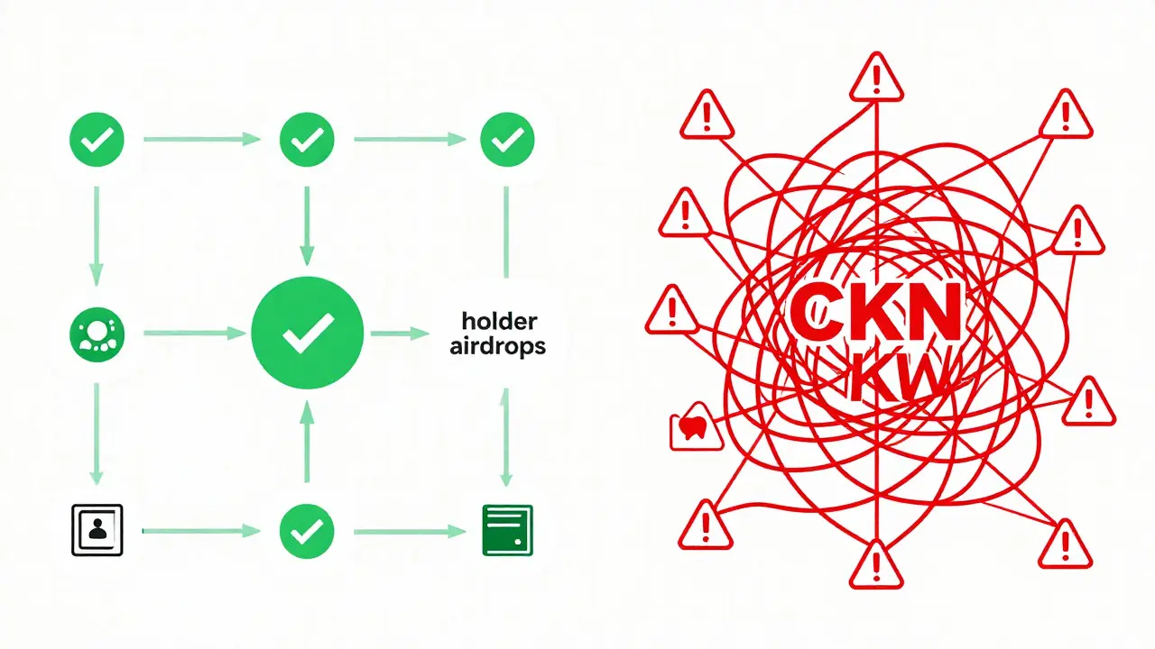 Diagram comparing legitimate crypto airdrop processes with chaotic scam networks and phishing risks